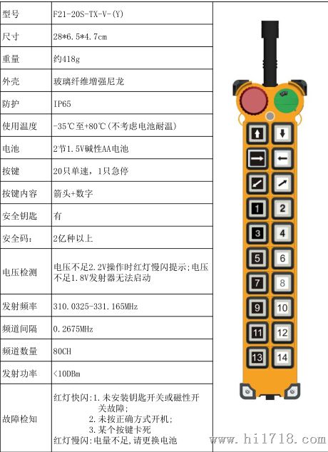 禹鼎20位单速输出控制开关F21-20S行车遥控器