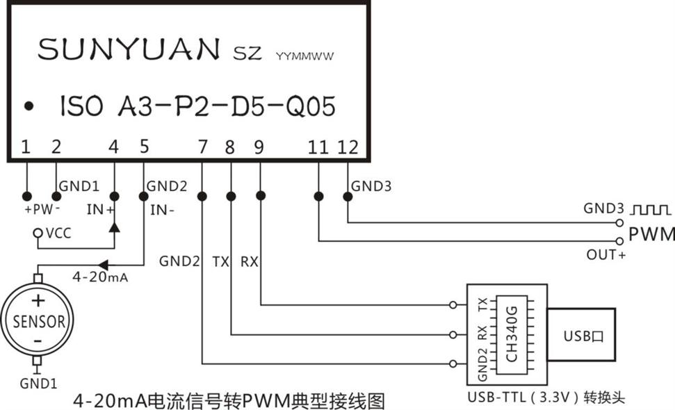 4-20ma转pwm 0-5v转pwm隔离变送器典型应用接线图